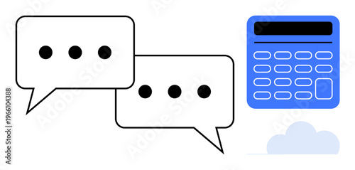 Digital communication, cloud computing, data processing, calculations, messaging apps, online tools. Two speech bubbles beside a calculator and a cloud icon. Digital communication and cloud computing