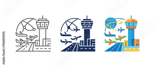 Airport control tower with planes taking off and landing around the globe