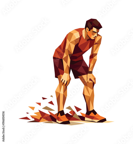 Geometric Sunset Runner. Low-poly vector illustration of a cyclist approaching a gravel stretch, angular faceted body leaning