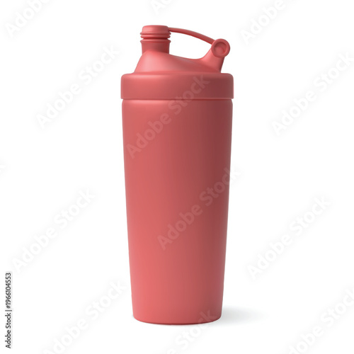 Protein plastic shaker red bottle vector realistic 3D mockup, gym fitness bottle, whey protein container with flip lid