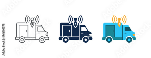 Delivery van with GPS tracking and signal icons in three styles