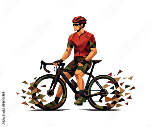 Low-poly vector illustration of a cyclist stabilizing after a sprint attack, angular faceted body upright with crisp triangular