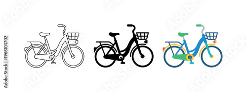 Three distinct bicycle designs: outline, silhouette, and colorful illustration