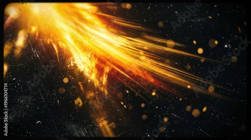 Vibrant light leak spilling across a black background weathered with film scratches and floating dust particles, retro cinematic overlay blending grainy emulsion texture with golden yellow-tinted