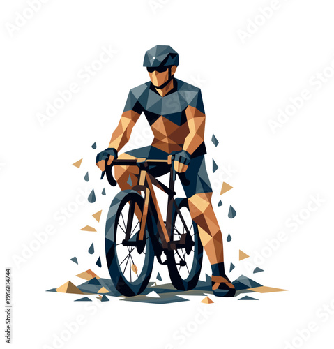 Low-poly vector illustration of a cyclist stabilizing after riding through rain, angular faceted body upright with crisp