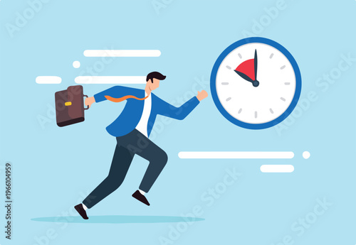 Flat illustration of hurry businessman runs fast as clock shows time running out symbolizing urgency to finish work