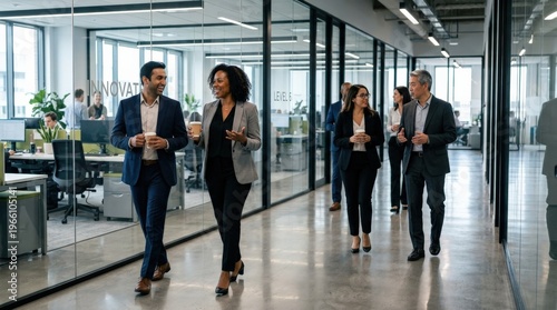 A diverse group of confident business professionals walking and conversing in pairs through a sleek modern office corridor, coffee cups in hand, their animated discussion creating an atmosphere of