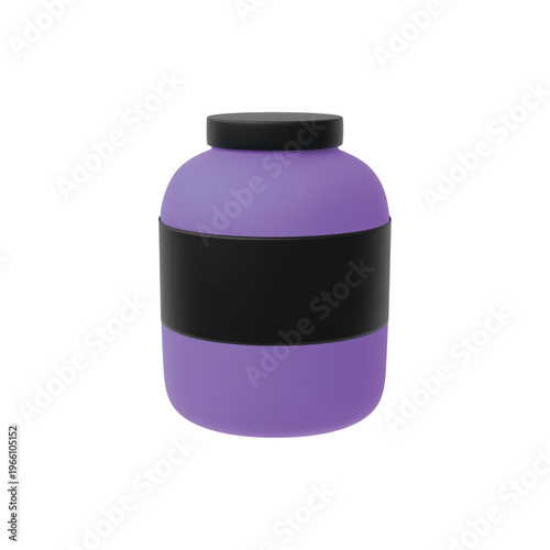 Purple plastic bottle with black label and cap, sport nutrition, supplement container package realistic 3D vector mockup