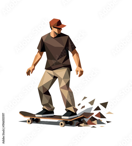 Low-poly vector illustration of a fighter completing a spinning kick, faceted torso and angular limbs returning to guard position