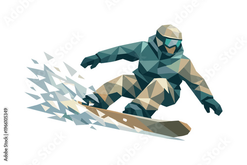 Low-poly vector illustration of a snowboarder carving through fresh powder, faceted athlete figure built from sharp triangular