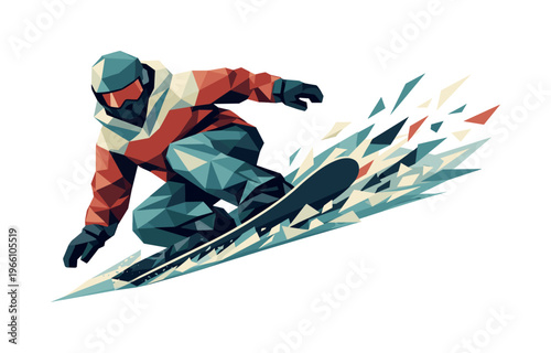 Low-poly vector illustration of a snowboarder carving sharply along an icy edge, faceted triangular limbs and board angled while
