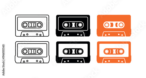 Collection of cassette tape icons in outline, solid black, and orange styles