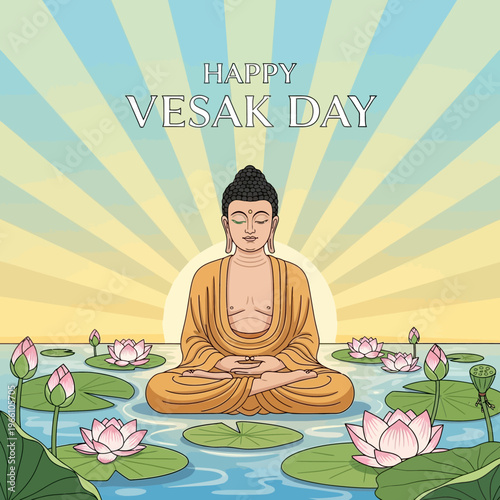Buddha meditating in lotus pond on Vesak Day, serene spiritual enlightenment, sun rays background