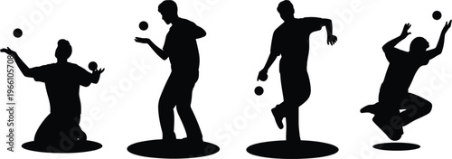 Silhouettes of jugglers performing with balls in various poses showing coordination, balance, and entertainment skills in dynamic motion