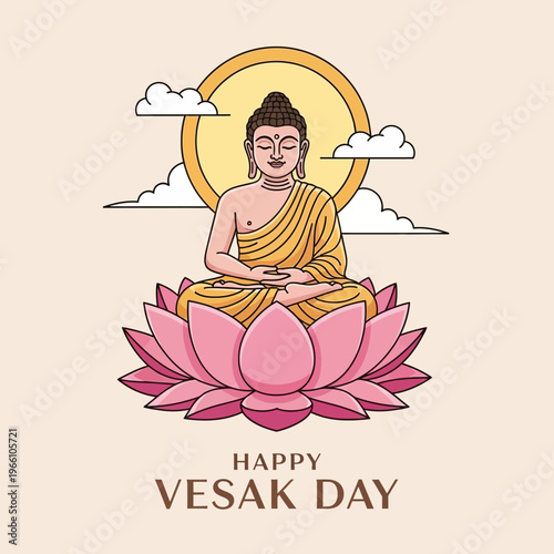 Buddha meditating on a lotus flower, Happy Vesak Day celebration, spiritual enlightenment