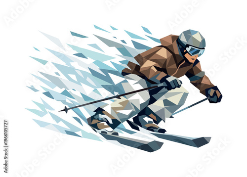Dynamic Skier Descent. Low-poly vector illustration of a skier in full descent, sharply faceted body leaning forward, angular