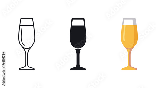 Set of three champagne flute icons: outline, solid black, and filled with yellow liquid