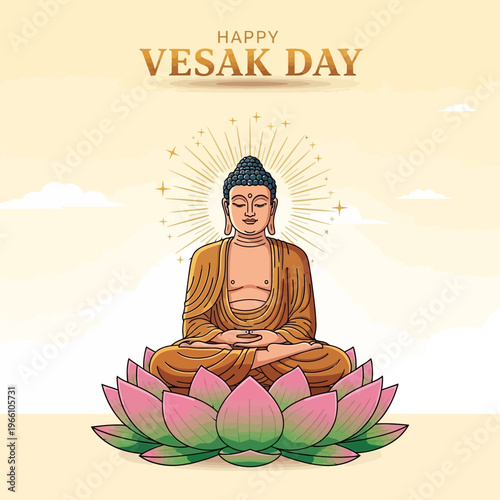 Buddha Meditating on Lotus Flower, Happy Vesak Day Celebration