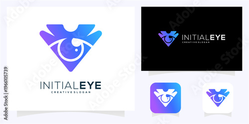 Minimal letter V initial with Eye logo design idea. Abstract vision monogram gradient icon symbol.