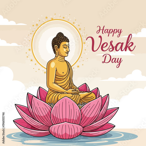 Buddha Meditating on Lotus Flower, Happy Vesak Day Greeting Card Illustration