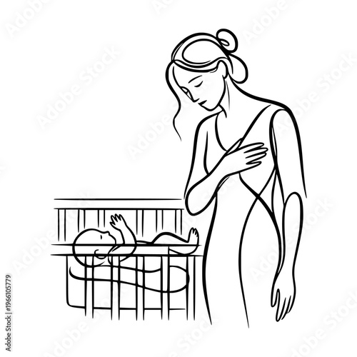 Woman watching baby in crib, simple line art on white background, Concept of maternal and parental burnout