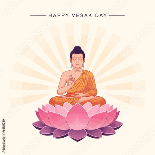 Buddha meditating on lotus flower, Happy Vesak Day greeting, spiritual enlightenment