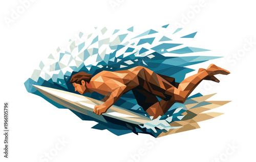 Low-poly vector illustration of a surfer performing a duck dive under a wave, body angled forward with sharply faceted limbs,