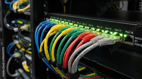 Dense patch panel close-up with a cascade of Cat-5e LAN cables in five different colors plugged into consecutive ports with gentle looping cable management, illuminated green port indicator LEDs