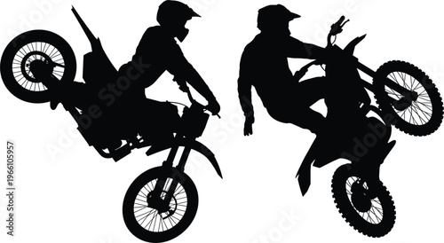 Silhouette of motocross riders performing extreme wheelie stunts on dirt bikes showcasing action, adrenaline, balance, and off-road racing excitement