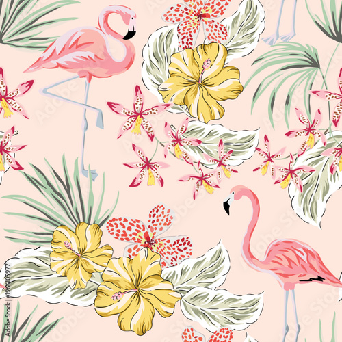 Tropical pink flamingo, hibiscus, orchid flowers, palm leaves, blush background. Vector seamless pattern. Jungle foliage illustration. Exotic birds, plants. Summer beach floral design. Paradise nature