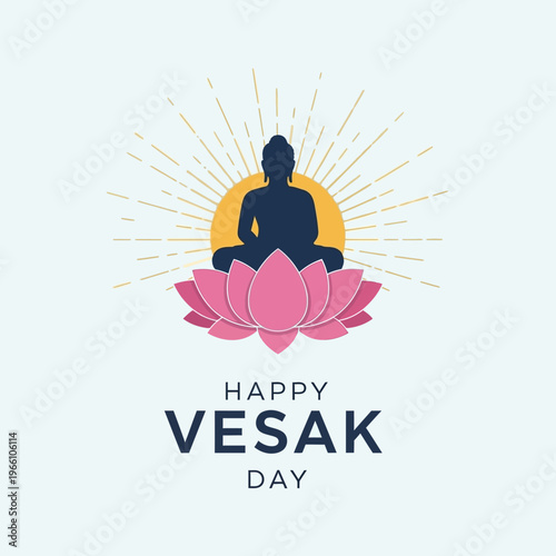 Happy Vesak Day Greeting Card with Buddha Silhouette on Lotus Flower