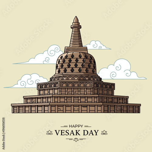 Happy Vesak Day greeting card with Buddhist stupa and clouds illustration
