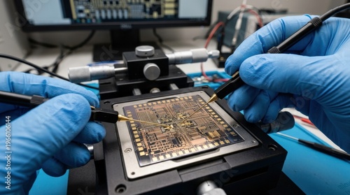 A detailed close-up of two blue-gloved hands carefully guiding fine gold-tipped probe needles onto a precision microchip, the semiconductor wafer's intricate circuitry visible in sharp macro detail,