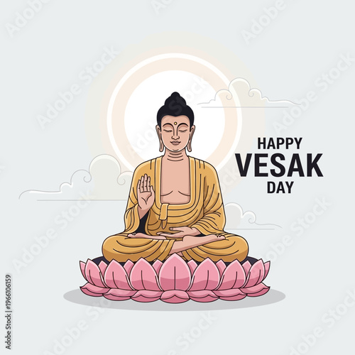 Happy Vesak Day Buddha Sitting Lotus Flower Meditation Enlightenment Spirituality