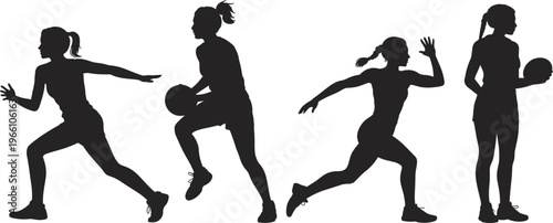 Silhouette of female basketball players in action poses including dribbling, running, passing, and holding ball showing energy, teamwork, and sport