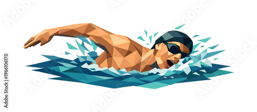 Low-poly vector illustration of a swimmer executing a breath cycle in freestyle, angular faceted body twisting to the side with