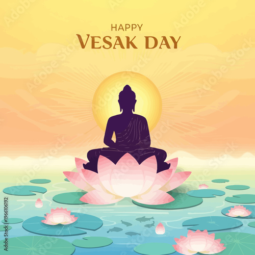 Happy Vesak Day Greeting: Buddha Silhouette on Lotus Flower, Sunrise Background