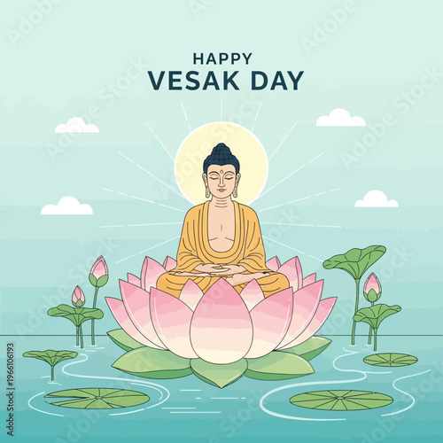Happy Vesak Day Greeting: Buddha Meditating on Lotus Flower in Serene Water