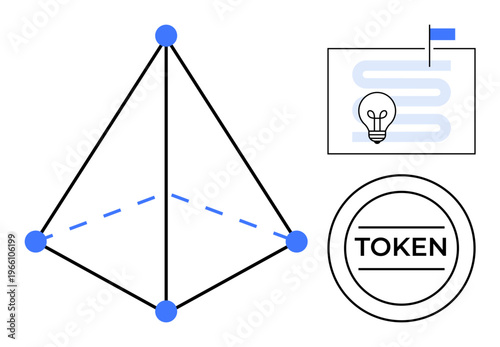 Blockchain illustration showing network connections, token system, and innovation roadmap. Blockchain supports decentralized data, innovation strategies, and digital transactions. Ideal