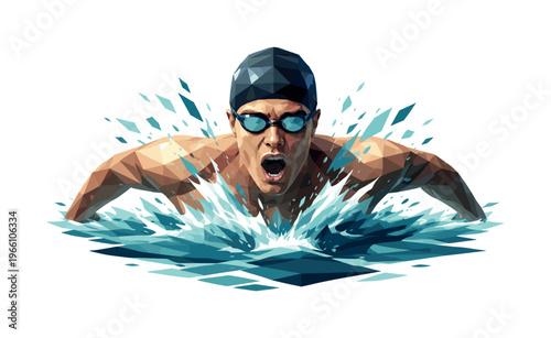 Low-poly vector illustration of a swimmer finishing a stroke cycle, faceted head and shoulders emerging with angular limbs, sharp