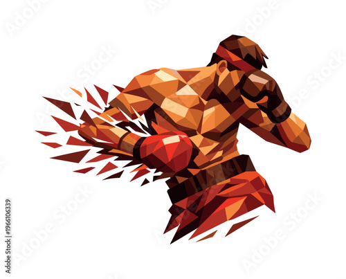Low-poly vector illustration of a boxer delivering a powerful body hook, angular faceted torso twisting with one arm swung low