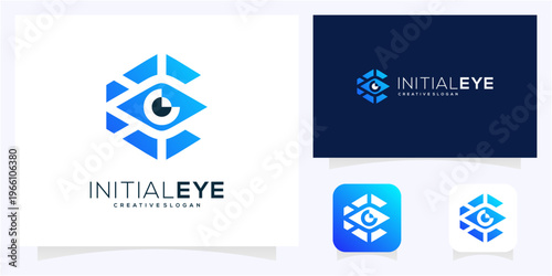 Letter E or C with Eye Tech Logo Design Template. Modern cyber security and monogram vector icon symbol.
