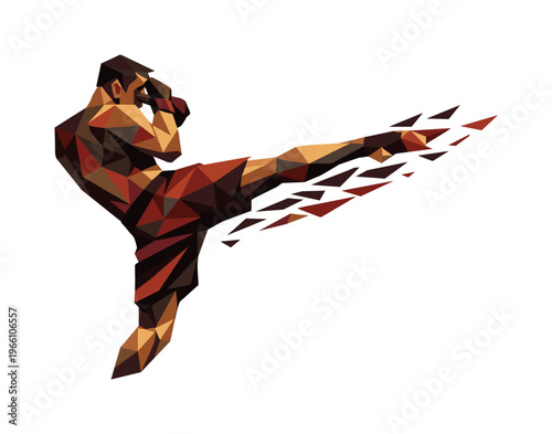 Low-poly vector illustration of a fighter completing a spinning kick, faceted torso and angular limbs returning to guard position