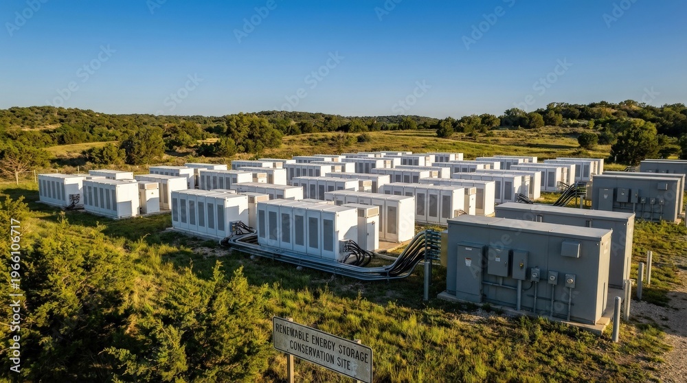 Fototapeta premium A modular Battery Energy Storage System surrounded by open green landscape, white industrial-grade battery cabinet enclosures in a precisely arranged installation, high-voltage DC power distribution