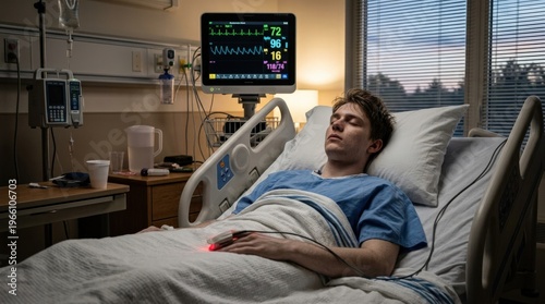 A pale young male hospital patient lying still in a clinical white hospital bed connected to a heart rate monitor, the glowing green pulse line visible on the display above his bed, an oxygen clip