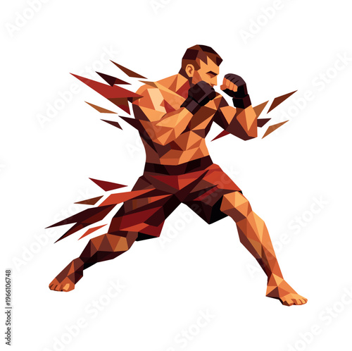 Low-poly vector illustration of a fighter performing a stance shift, angular faceted torso twisting with one foot stepping