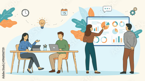 Business team collaboration, data analysis, and project planning illustration