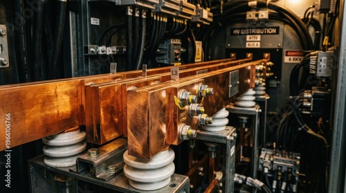 Heavy copper electrical busbar assembly inside a high-voltage power distribution cabinet with polished rectangular conductor bars stacked in parallel rows with ceramic insulator standoffs, warm raking