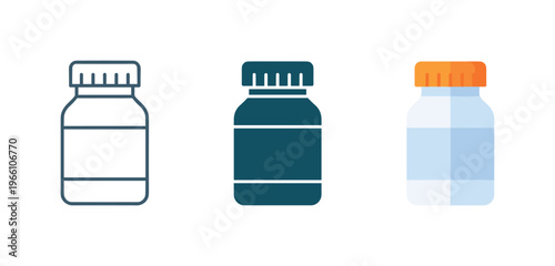 Set of three medicine bottle icons in different styles for healthcare and pharmacy