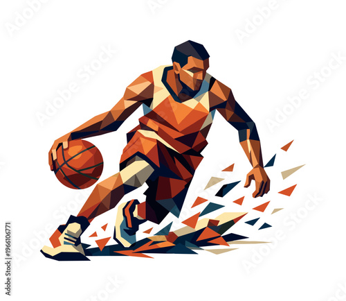 Low-poly vector illustration of a basketball player mid-crossover, angular faceted limbs frozen in dynamic motion with ball